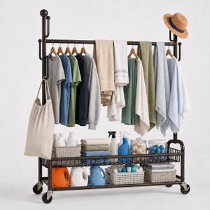 Rolling Clothes Drying Rack with Lockable Wheels, Heavy Duty Metal Laundry Drying Rack with 5 Hooks and 2-Tier Drying Shelves, Drying Rack Clothing for Indoor and Outdoor Use