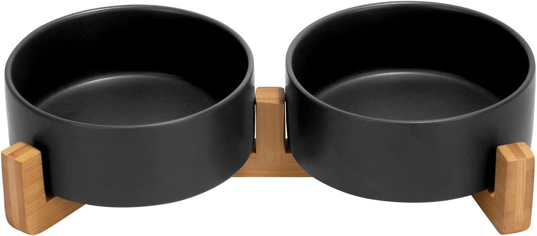 SPUNKYJUNKY Ceramic Dog and Cat Bowl Set with Wooden Stand, Modern Cute Weighted Food Water Set for Small Size Dogs (13.5OZ) & Medium Sized Dogs (28.7OZ) & Cats (1.7 Cups, 2  Black)