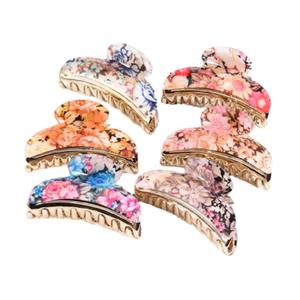 GK-O 6Pcs Woman Floral Pattern Large Arylic Hair Claw Clip Clamp 6 Colors Bath Shower Hair Ponytail Hairpin Stall Accessories