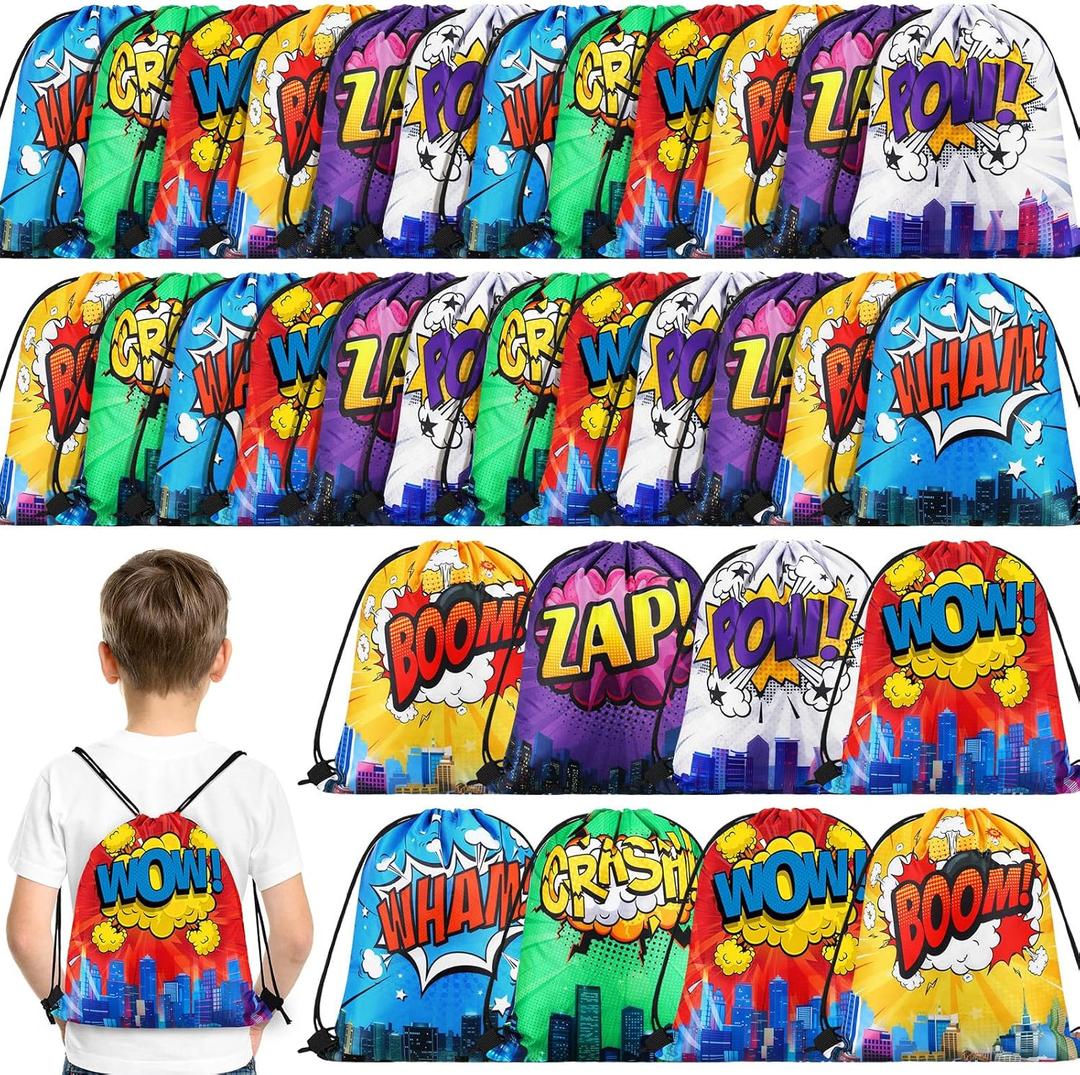 Kajaia Hero Party Favors Bags Comic Heroes Drawstring Backpacks Goodie Candy Gift Bags for Christmas Birthday Party Supplies(30 Pcs)