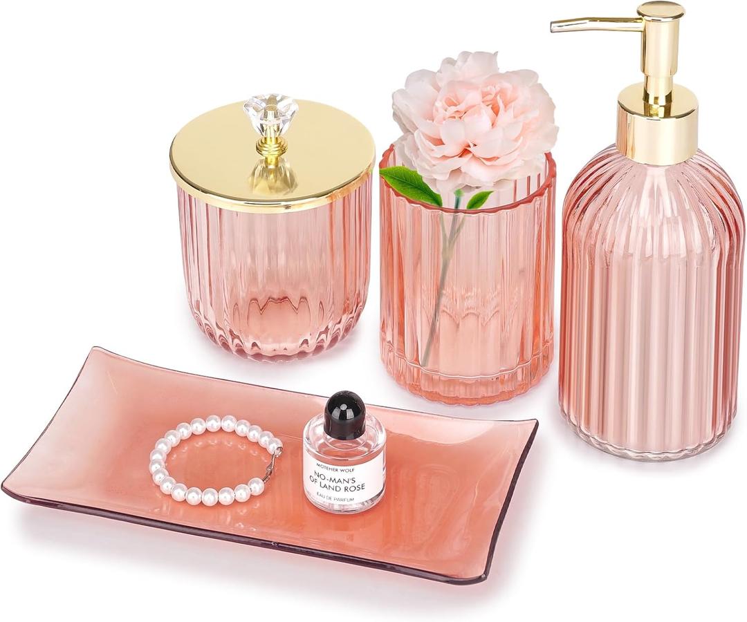 Pink Bathroom Accessories Set, 4Pcs Glass Bathroom Decor Complete with Lotion Soap Dispensers, Toothbrush Holder, Cotton Swab Jars, Vanity Tray, Cute Bathroom Essentials Gift for Girls