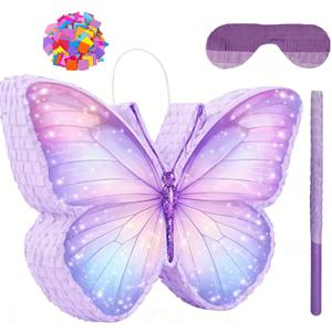 Butterfly Piñata - Purple Butterfly Piñata with Stick, Blindfold and Confetti for Butterfly Themed Birthday Party Game Supplies Decorations (16”x12”x3”)
