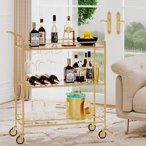 Gold Bar Cart, Home Bar Serving Cart with Handle, Cart with 3-Tier Glass Shelves, Beverage Cart with Rack and Glass Holder, Bar Carts for The Home, Dining Room, Living Room Gold Bar Cart, Home Bar Serving Cart with Handle, Cart with 3-Tier Glass Shelves, Beverage Cart with Rack and Glass Holder, Bar Carts for The Home, Dining Room, Living Room