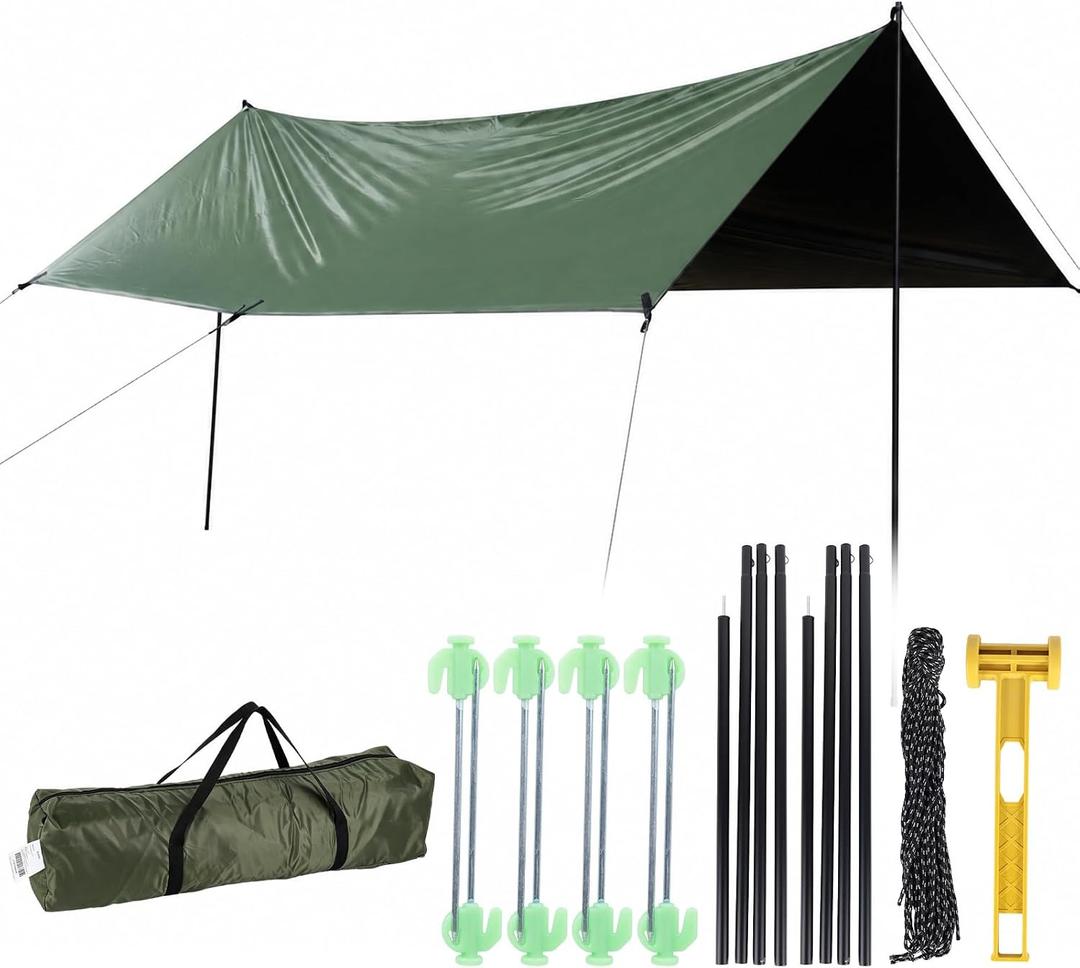 Waterproof Camping Tarp Hammock Rain Fly -14.7×9.8ft with 2 Poles, Mutifunctional Tent UV Protection Lightweight Tarp, for Camping, Outdoor, Traveling, Hiking (Quadrilateral, Green), 3x4.5m