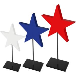 3 Pcs 4th of July Day Table Signs Decoration Patriotic Decorations Wooden Star Table Decoration Independence Day Blocks Tiered Tray Decor Freestanding Table Signs