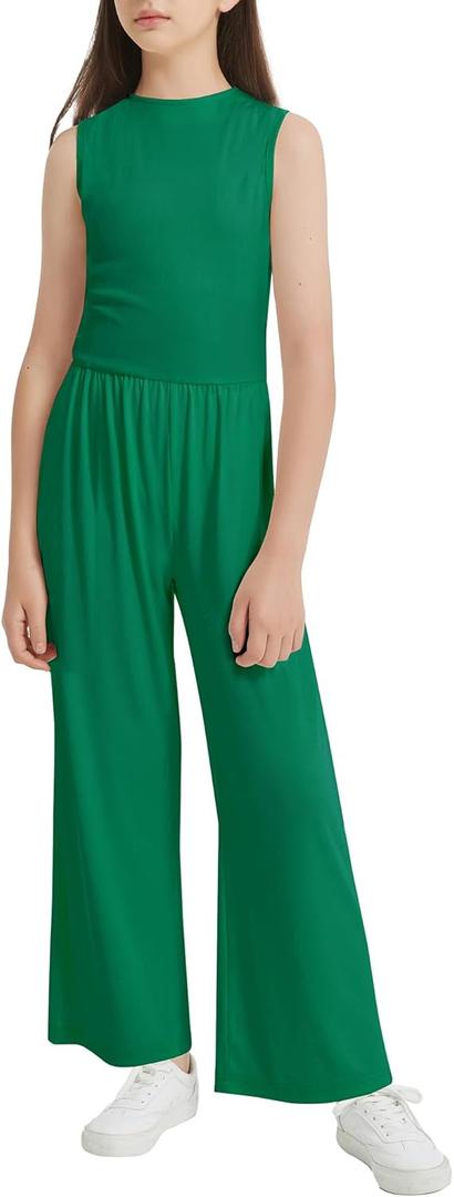 EXARUS Girls Sleeveless Jumpsuit Mock Neck Wide Leg Pants Zipper One Piece Rompers Overall Lightweight Casual 8-12Y (Green)