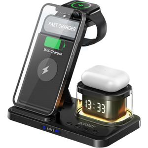 SOSHOT 5 in 1 Wireless Charger with Clock Night Light Alarm Clock for Apple Devices for iPhone 15 14 13 12 11 Pro Max Apple Watch for Apple Watch - Black