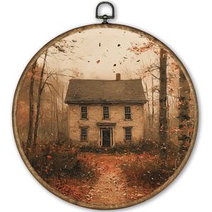 TLESKE Vintage Fall Farmhouse Cottage Round Wall Art Decor Framed 10x10, Dark Cottagecore Autumn Canvas Wall Art Prints Artwork, Country Forest Wall Hanging Room Door Decor for Bedroom Kitchen