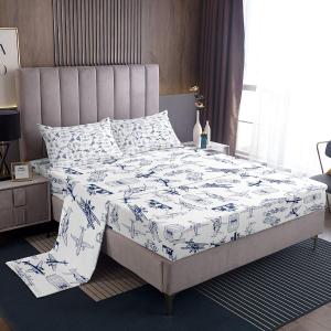 Feelyou Aircraft Bed Sheets Set Kids Airplane Print Sheet Set Boys Girls Decor Aircraft Flying Sheets with Deep Pocket Fitted Sheet Microfiber Sketch Style Blue White Bedding Set Bedroom Twin Size (Multi 16)