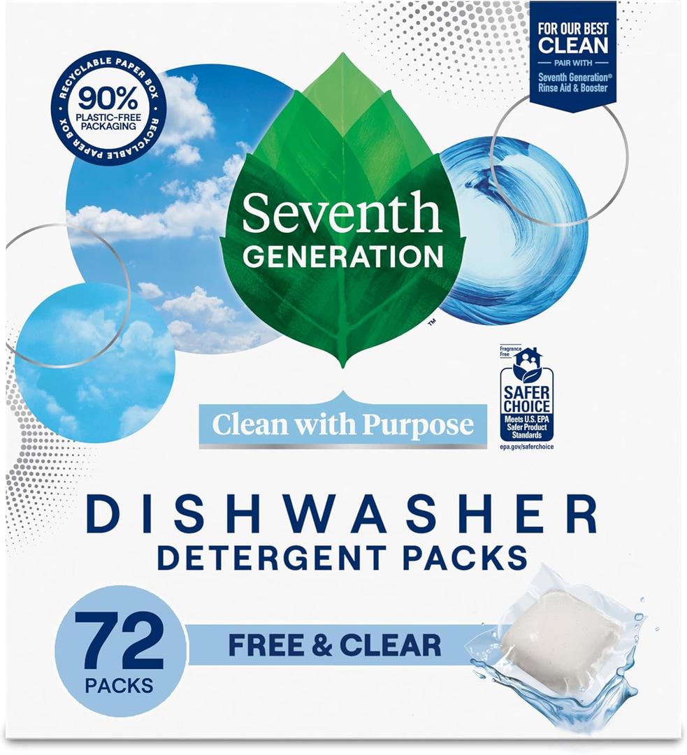 Seventh Generation Dishwasher Detergent Packs, Free & Clear, 72 Count, Pack of 1, Plant Powered Cleaning, Fights Greasy Reside & StuckOn Food For Sparkling Dishes, FragranceFree & Septic Safe