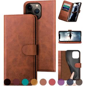DuckSky for iPhone 13 Pro 6.1" Genuine Leather Wallet caseRFID Blocking4 Credit Card HolderReal Leather Flip Folio Book Protective Cover Women Men for Apple 13Pro Phone case Light Brown