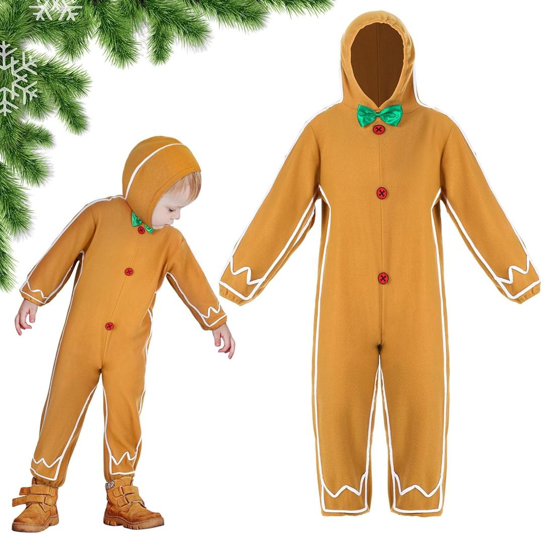Geyoga Gingerbread Man Costume for Kids Home Clothing Christmas Gingerbread Outfit Bodysuit Hooded Unisex (7-9 Years, Classic)