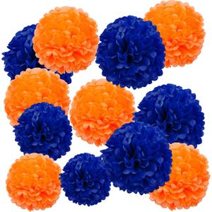 Orange and Blue Tissue Paper Pom Poms Decorations, 12", 10", Paper Flowers for Party Ceiling Hanging Decor - 12 Pcs