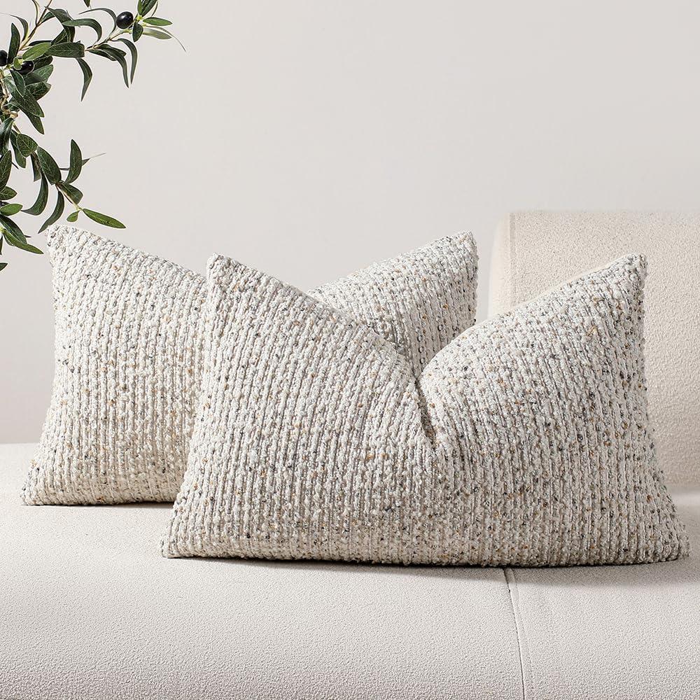 DEZENE Striped Throw Pillow Covers 12x20 Set of 2 Cream Grey Textured Boucle Chic Morden Boho Accent Farmhouse Rectangular Lumbar Decorative Couch Pillow Covers for Home Decor Bed Sofa Living Room