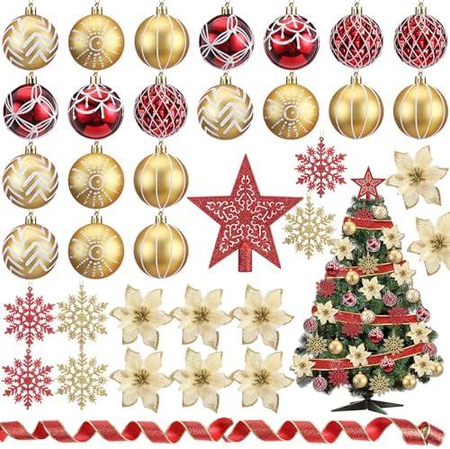 68 Pcs Christmas Tree Balls Ornaments Set Complete Christmas Tree Decorations Glitter Poinsettia Flowers Christmas Ornaments Tree Topper Ribbons Hanging Decor for Xmas Holiday(Red and Gold)