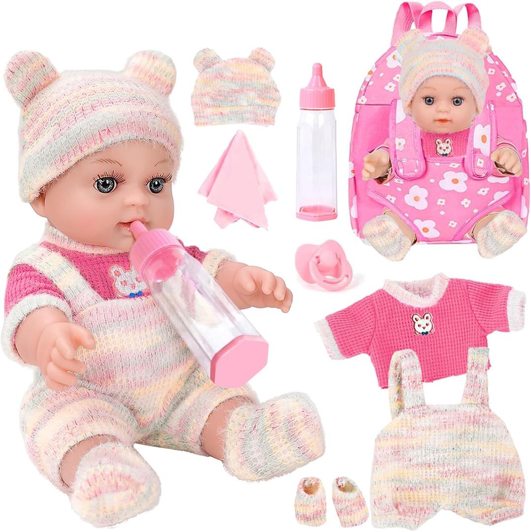 12'' Baby Doll with Backpack in Gift Box, Baby Doll Accessories Set Included 12 Inch Cute Realistic Baby Dolls, Clothes, Carrier, Washcloth, Bottles, Nipple, Socks, Hats for 3+ Girls