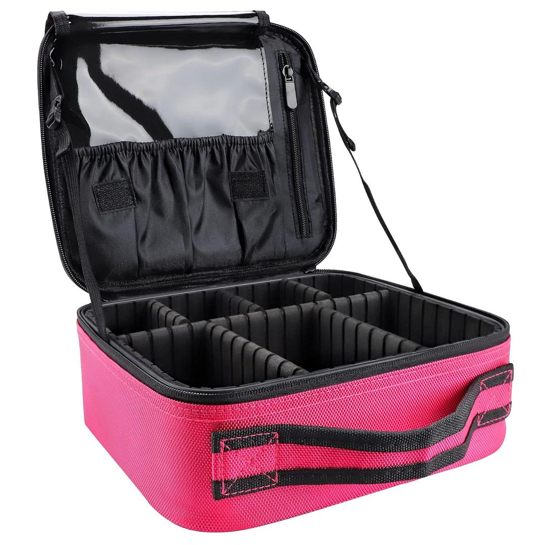 gzcz Travel Makeup Bag 10.4 Inches Professional Cosmetic Case Make Up Bag Cosmetic Brush Organizer Bag with Adjustable Divider, Storage Case for Girls and Women(S-Rose Red)