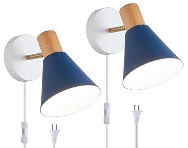 Vechoicy Plug in Wall Sconces Lighting Fixture Pack of 2, Wooden Adjustable Bedside Wall lamp for Industrial Bedroom, Living Room Bathroom Sink Lighting (2, Blue)
