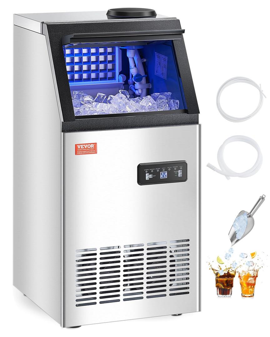 VEVOR 110lbs/24H Commercial Ice Maker Machine with 2 Water Inlets, 36 Ice Cubes in 15 Minutes, with 28lbs Large Storage Capacity for Bar Office Restaurant, with LED Digital Display & Self-Cleaning