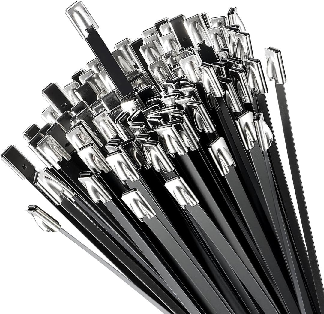 KTDSFA 198LB Tensile Strength Black Heavy Duty Metal Zip Ties, UV Resistant 304 Stainless Steel Cable Ties, for Chain Link Fence Parts, Poultry Fence Outdoor fixed, Exhaust Wrap.11.8 Inch, 100 Pcs.