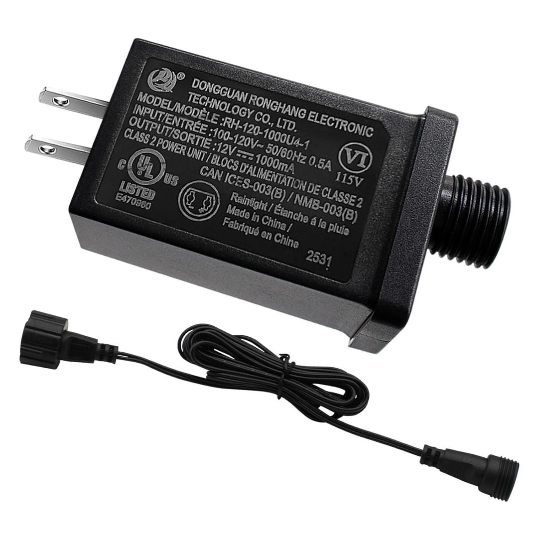 12V 12W Low Voltage Transformer with Extension Cord Class 2 Power Supply Replacement Yard Inflatable Adapter Model RH-120V1000U4-1 Waterproof Ip44 US Plug for Christmas String Light Decorations