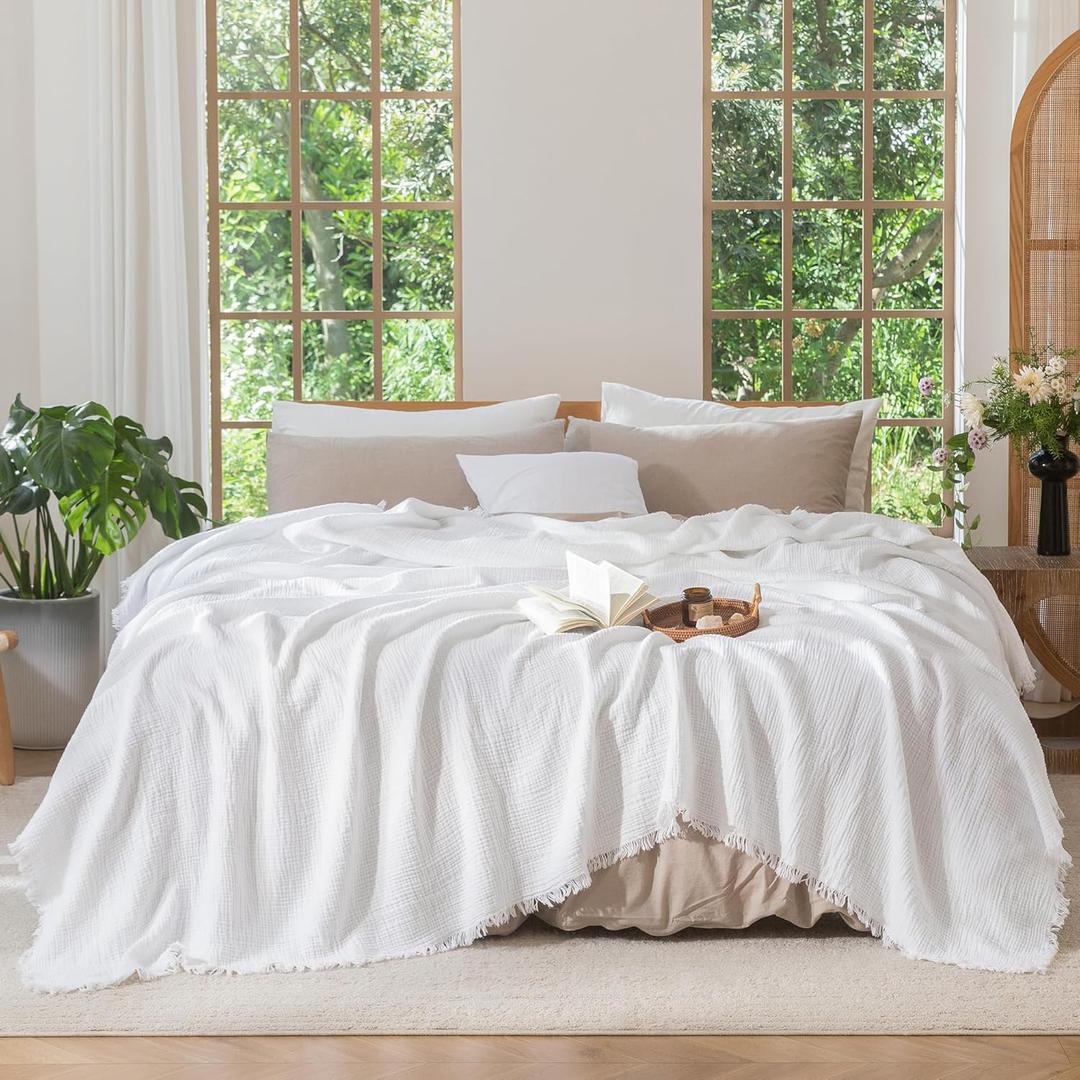 MooMee Muslin Blanket - 100% Cotton 4-Layer Gauze Throw Blanket with All-Around Fringe, Soft Breathable Lightweight Cooling Summer Blankets for Bed Couch (Bright White,Queen 90" x 90")