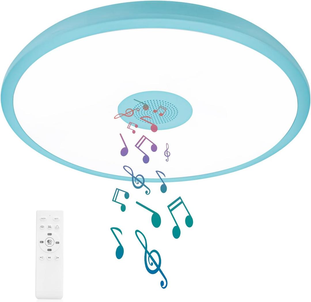 Sky Blue Waterproof LED Ceiling Light Fixture,Music Ceiling Lamp,with Bluetooth Speaker,11Inch 18W, 2700K-6500K Dimmable RGB Color Changing Light with Remote Control,Suitable for Boys' Room
