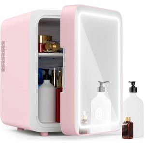Skincare Fridge - Mini Fridge with Dimmable LED Mirror (4 Liter/6 Can), Cooler and Warmer, for Skincare and Food, Mini Fridge for Bedroom, Office and Car, Pink