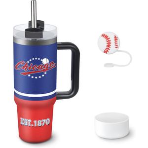 Tumbler 30oz Straight Skinny Car Cups With Insulated Cup Sleeve Portable Handle, Sports Travel Coffee Mug, Stainless Steel, Insulated,Classic Collection Gifts for Fans (Chicago C)