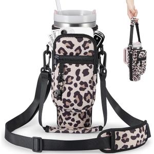 Water Bottle Carrier Bag with Phone Pocket for Stanley 40 & 30 oz Tumbler with Handle,Pink Insulated Neoprene Cup Holder Pouch w/Adjustable Strap for Quencher H2.0 Stanley Cup Accessories (Leopard Print)
