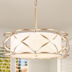 17.71" Drum Chandeliers, Gold Chandelier for Dining Room 3-Lights Light Fixtures with White Linen Fabric Shade Hanging Lighting for Entryway Kitchen Island Foyer Bedroom