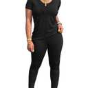 chicyes Workout Sets For Women Summer Casual 2 Piece Outfits Short Sleeve Tops Long Pants Lounge Matching Tracksuist Clothes (Black, S)