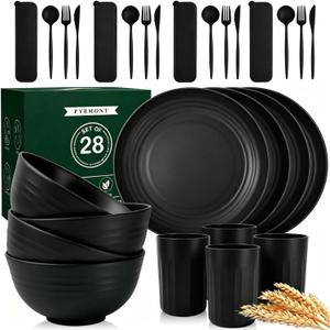 PYRMONT Dinnerware Set Wheat Straw Bowls and Plates Set Unbreakable Kitchen Dishes Service for 4 Microwave & Dishwasher Safe Plastic Dish Set for Camping,RV,Picnic-Black