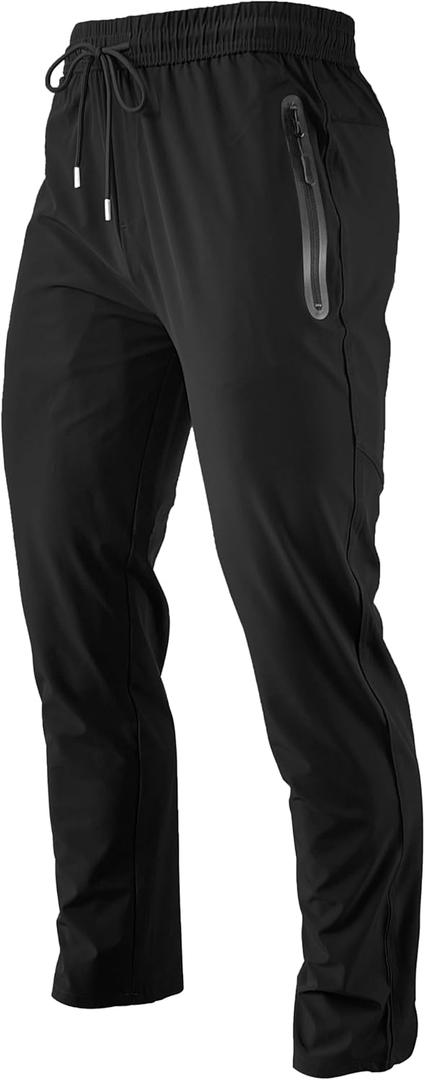Men's Lightweight Quick Dry Hiking Running Pants Outdoor Sports Breathable Zipper Pockets Athletic Work Pants (Black, L)