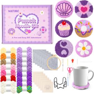 WATINC Christmas Punch Needle Coaster Kits - 23Pcs Easy Art Work Decor Craft Supply for Beginners, DIY Set of 6 Pattern Tufted Pads with Adhesive Felt Yarns Tools Instruction Customized Boxes (Purple)