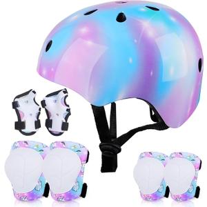 FIODAY Kids Helmet Knee Pads for Kids Unicorn Knee and Elbow Pads Wrist Guards Adjustable Protective Gear Set for Girls Boys Sports Skateboard Inline Skating Scooter (Small, Blue Purple)