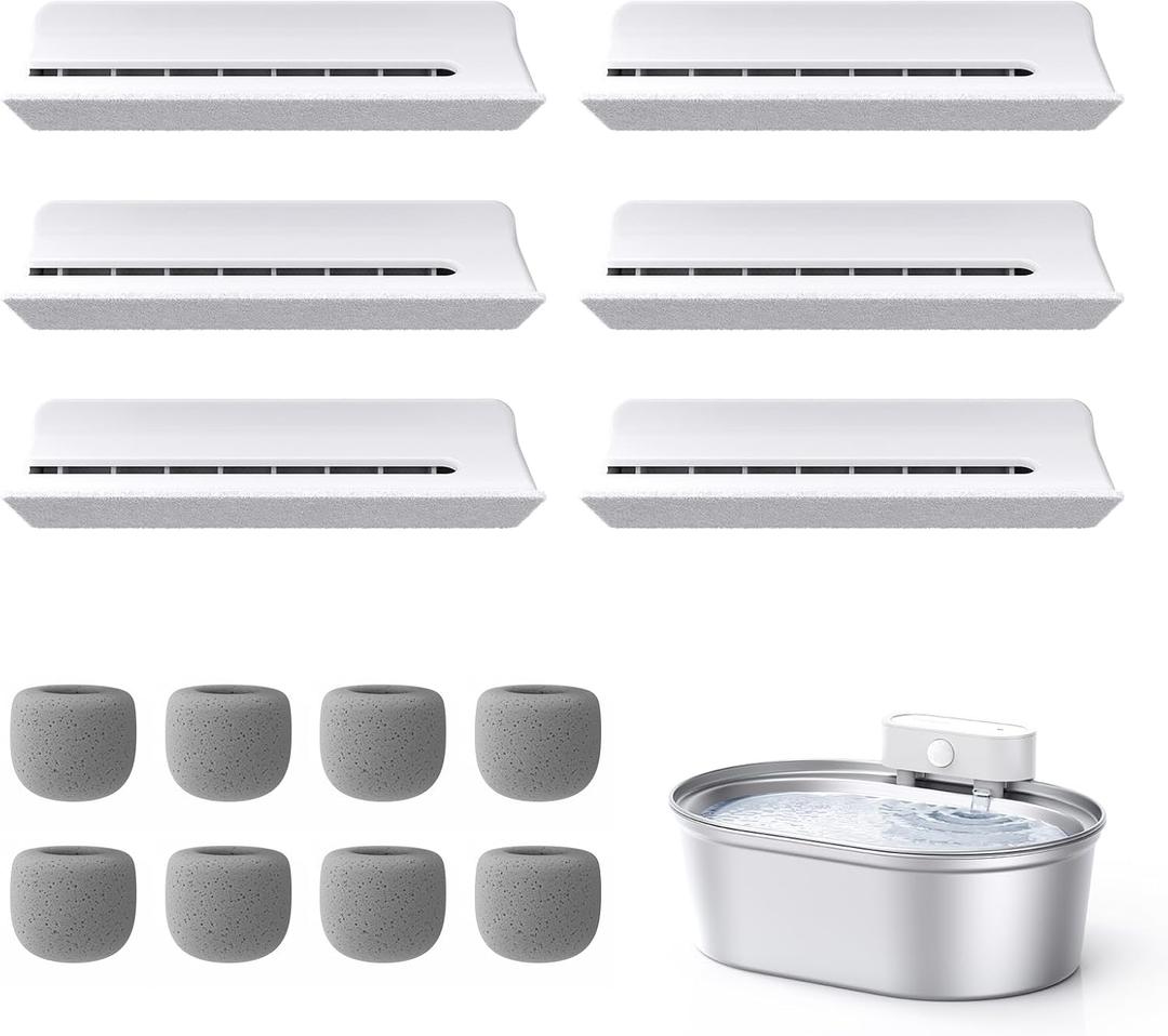uahpet Stainless Steel Cat Water Fountain Replacement Filters 6 Pack with 8 Filter Sponges (water dispenser is not included), Compatible with uahpet Stainless Steel Pet Fountain (basic version)