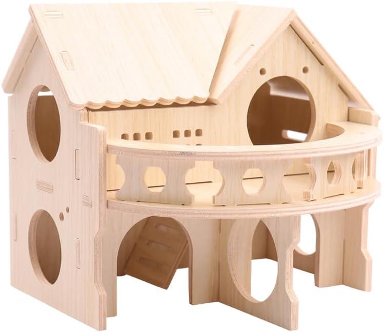 Improved Safety Large Balcony Small & Cute Wooden Hamster House with Large Balcony – Double-Decker Forest-Style Hut for Dwarf Hamsters, Mice, Gerbils, Rats & Small Pets (Compact Size Only)
