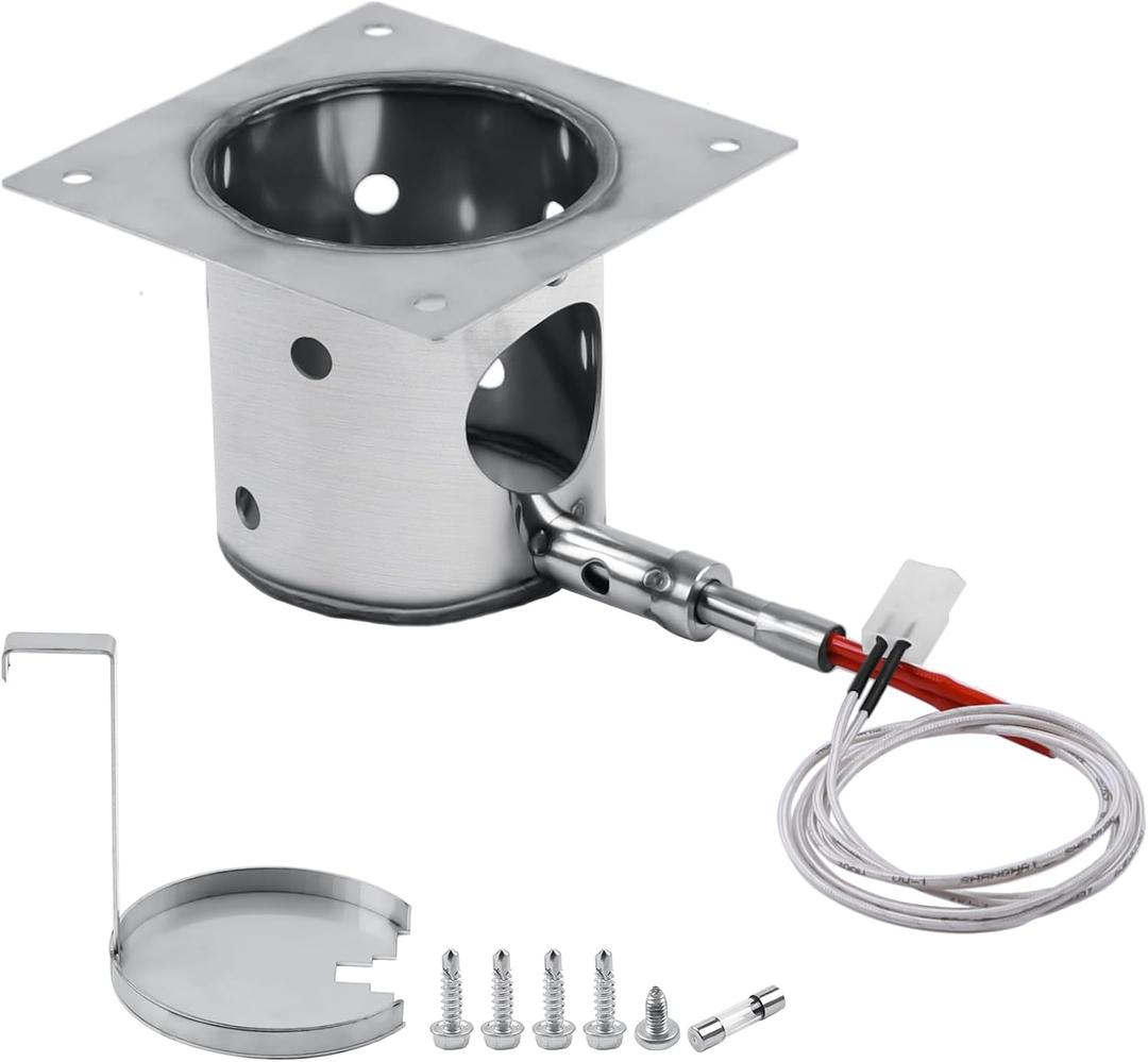 304 Stainless Steel Fire Burn Pot and Hot Rod Ignitor Kit for Pit Boss, Traeger, Camp Chef Pellet Grills, Upgraded Heavy Duty Burner Pot Replacement Parts with Ash Remover, Screws and Fuse