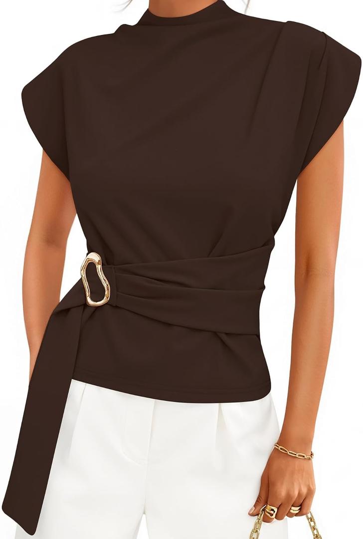 ZESICA Women's 2026 Summer Cap Sleeve Blouse Mock Neck Business Casual Tops Spring Dressy Tunic Work Shirts, medium