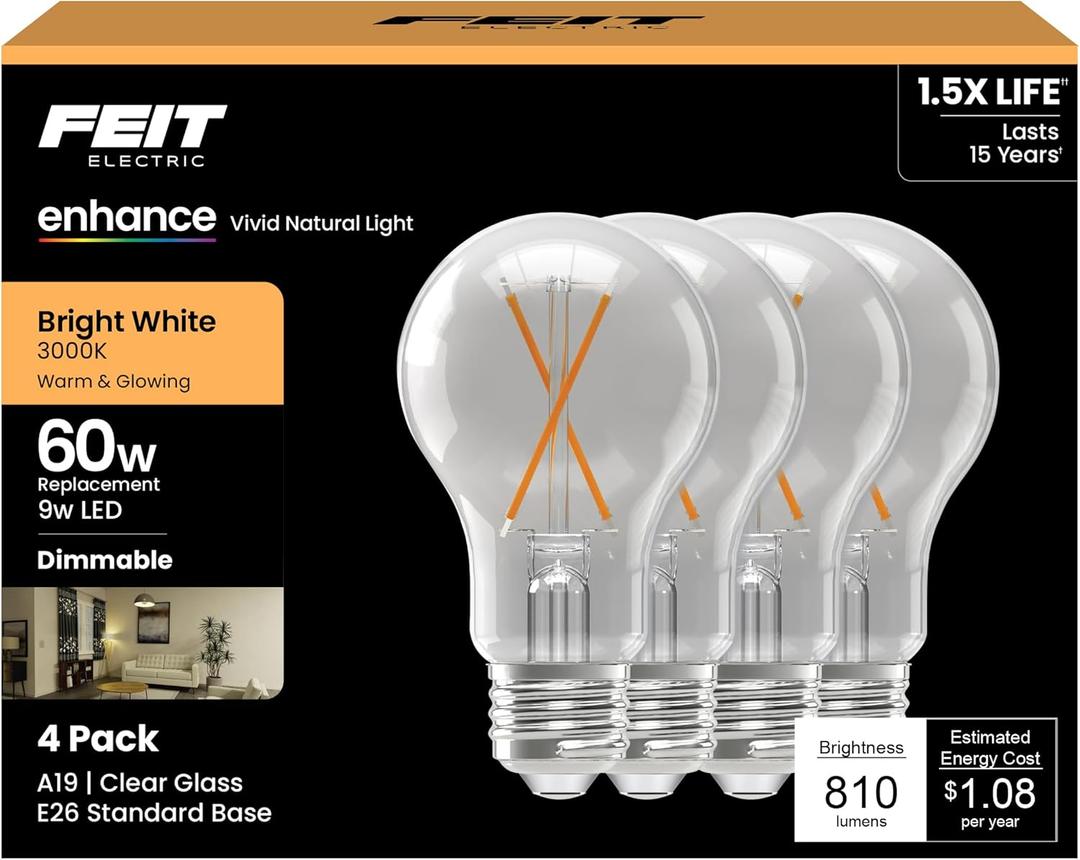 Feit Electric A19 LED Light Bulbs, 60W Equivalent, 810 Lumens, 3000K Bright White, High CRI 90+, Dimmable, Filament Style, Energy Saving, 17,000-Hour Lifetime, A1960CL930CA/FIL/4, 4-Pack