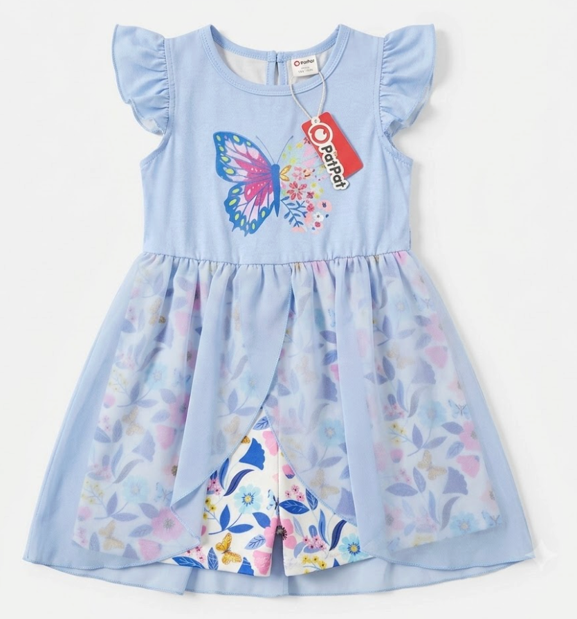 PATPAT Toddler Girl Romper Size 6T, Blue Butterfly Print Ruffle Shoulder Sleeveless Belted Romper Shorts with Mesh Cover Up, Girls Romper 5-6Y