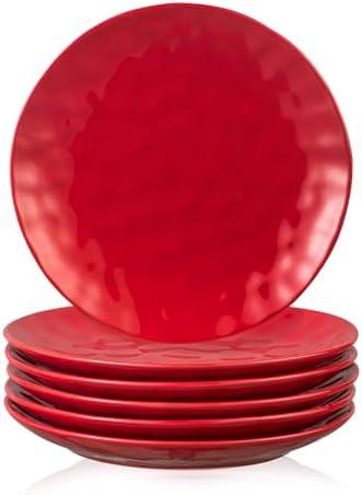 vicrays Ceramic Dinner Plates Set, 10 Inch, Microwave, Oven, Dishwasher Safe, Round, Porcelain Fluted Suitable for Steak, Pasta, Pizza, Home, Restaurant - Set of 3 Red