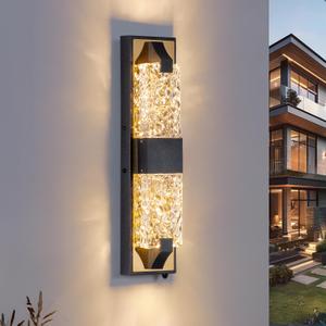 HITTO Dusk to Dawn Outdoor Lighting,18.5'' Porch Lights Outdoor IP65 Waterproof Exterior Lighting Fixtures 12W LED Ripple Crystal Modern Outdoor Light for House, Garage, Doorway, Patio,(Black&Gold)