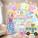Girls Birthday Party Decorations, 4PCS Rainbow ABC Boxes with Colorful Preppy Birthday Backdrop and Balloon Garland for Baby Shower, Preschool Theme Party