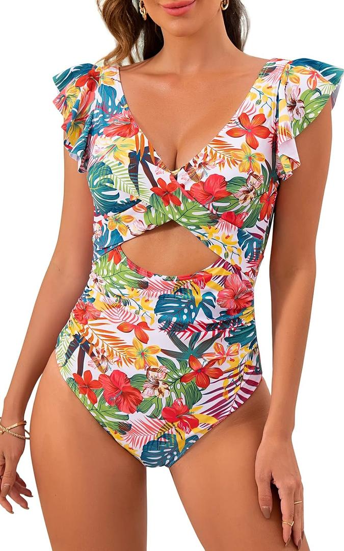 B2prity One Piece Swimsuits for Women Ruffle Sleeve V Neck Bathing Suit Tummy Control Cutout Monokini Slimming Swimwear, L