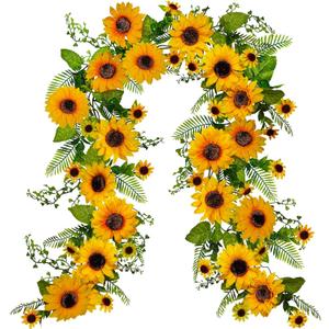 Winlyn 6' Long Artificial Sunflower Garland Hanging Sunflower Vine Greenery Garland with 49 Pcs Sunflower Heads for Fall Autumn Holiday Wedding Arch Home Mantel Doorway Table Backdrop Decoration