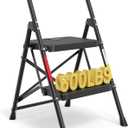 BONTEC 2-Step Ladder, Folding Step Stool, 600lbs Max Load Capacity, Sturdy Steel, Non-Slip Pedals, Lightweight, Portable Steel Ladder with Convenient Handrail, Safety Design for Home & Work, Black