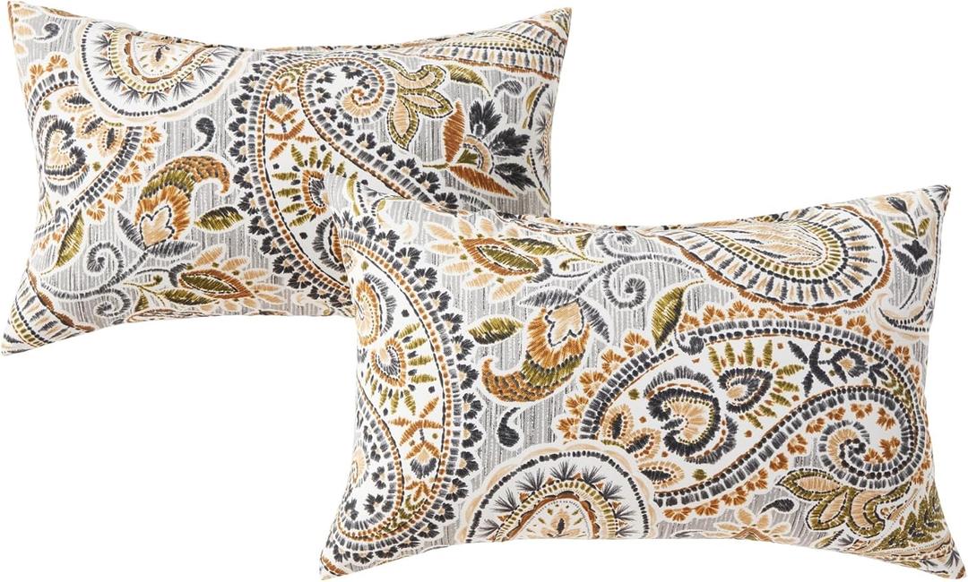 Set of 2 Outdoor Throw Pillows 19 x 12 Inch – Reversible Rectangle Patio Accent Pillows – Weather-Resistant Polyester Fabric – Eco-Friendly Recycled Polyfiber Fill – Arctic Paisley