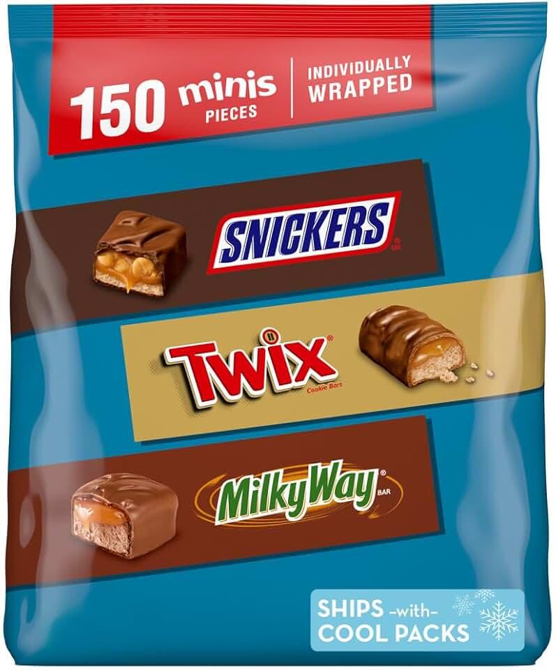 SNICKERS, TWIX, & MILKY WAY Minis Chocolate Candy Bars Variety Pack, 150 Ct Bulk Bag Best By 01/2027